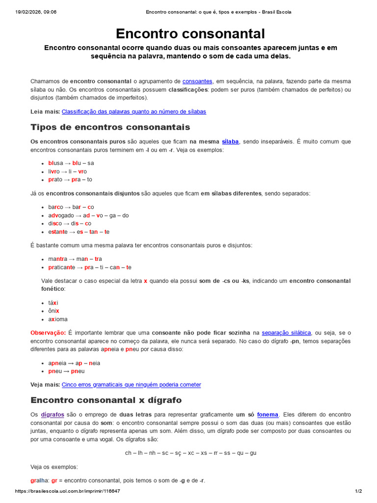 Encontro Consonantal - o Que É, Tipos e Exemplos - Brasil Escola | PDF ...