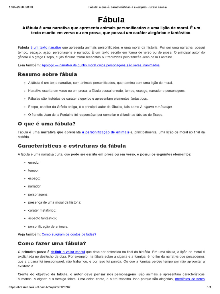 Fábula - o Que É, Características e Exemplos - Brasil Escola | PDF ...