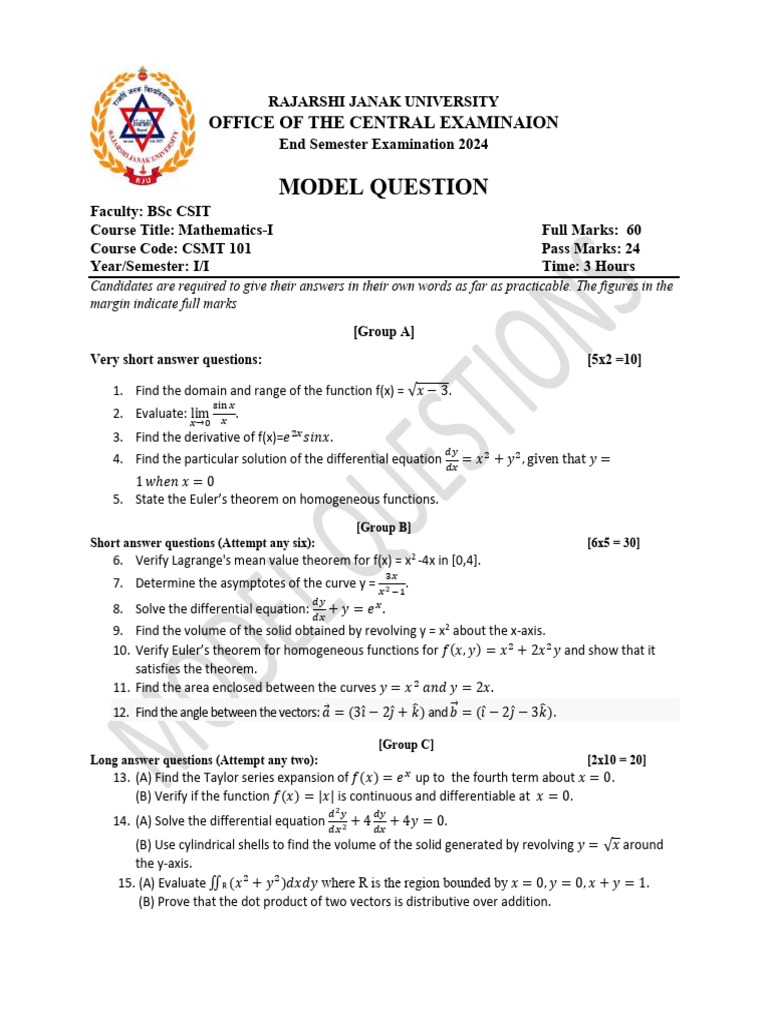 Model Questions - Mathematics-I | PDF | Function (Mathematics ...