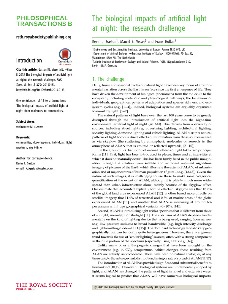 Gaston Et Al 2015 The Biological Impacts of Artificial Light at Night ...