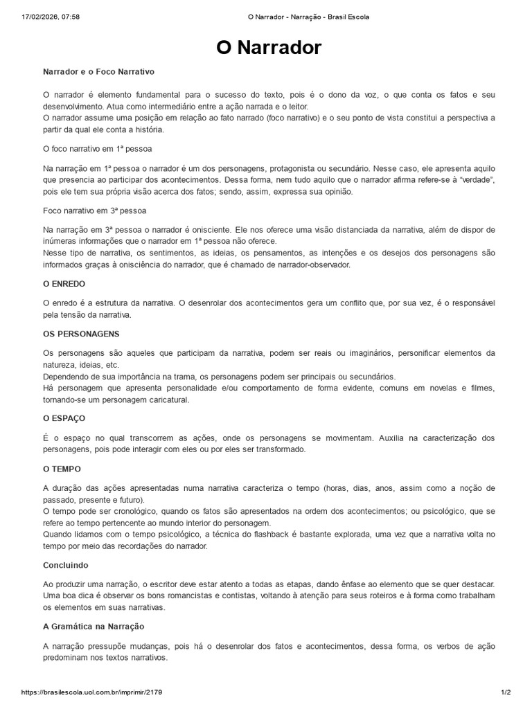 O Narrador - Narração - Brasil Escola | PDF | Narrativa