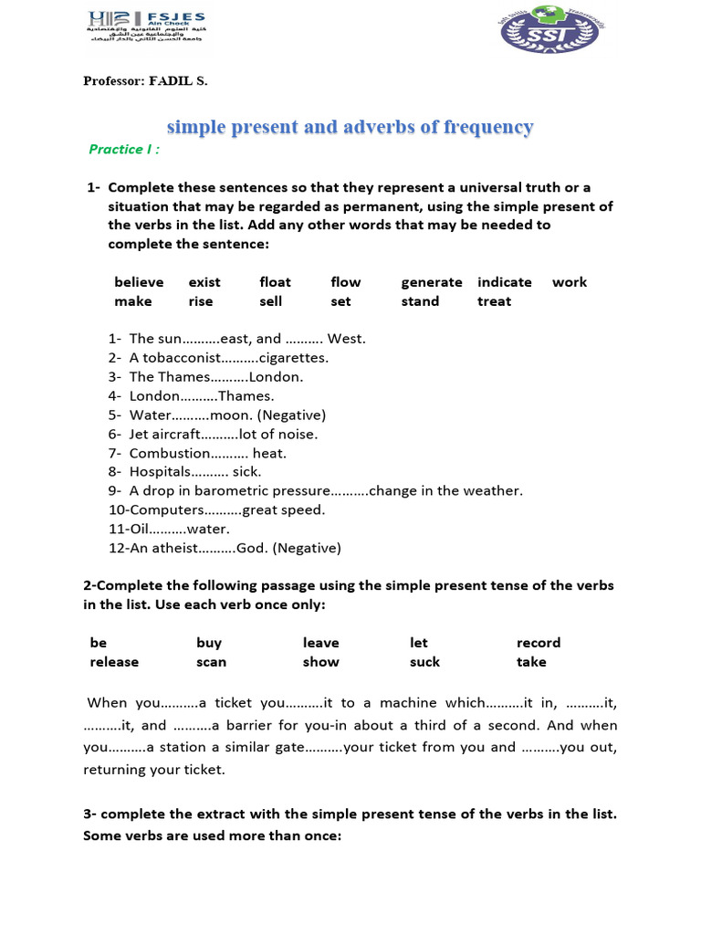 EXERCISE Simple Present and Adverbs of Frequency STUDENTS | PDF | Verb ...