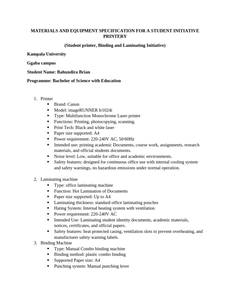 Materials & Equipment Specification Document | PDF | Printer (Computing ...
