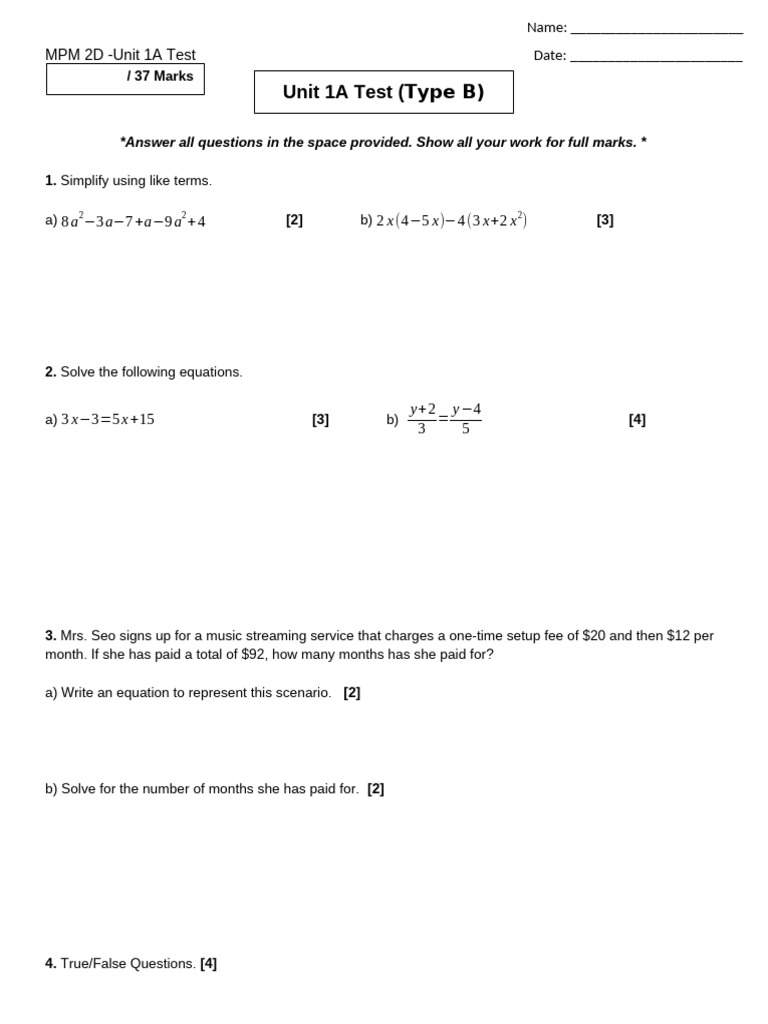 Unit 1A Test (Type B) | PDF | Equations | Mathematics