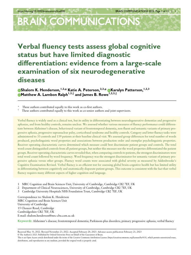 Verbal Fluency Tests Assess Global Cognitive | PDF | Dementia | Aphasia