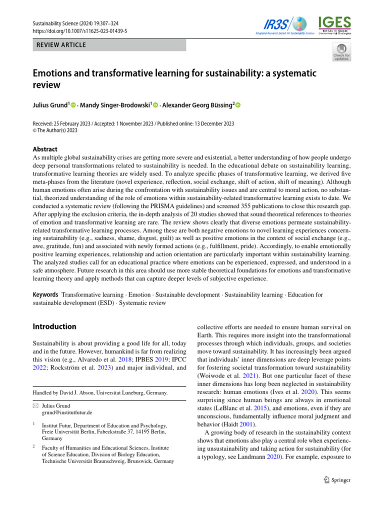 Grund - Review Emotions and Transformative Learning For Sustainability ...