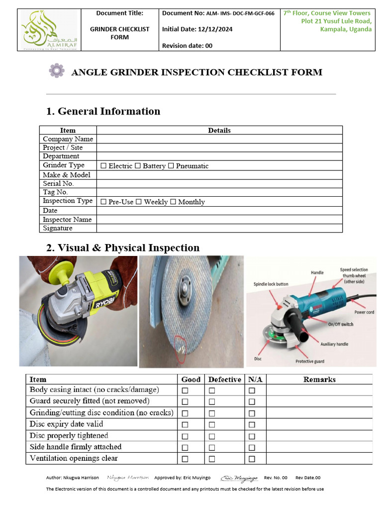 Angle Grinder Inspection Checklist Form | PDF