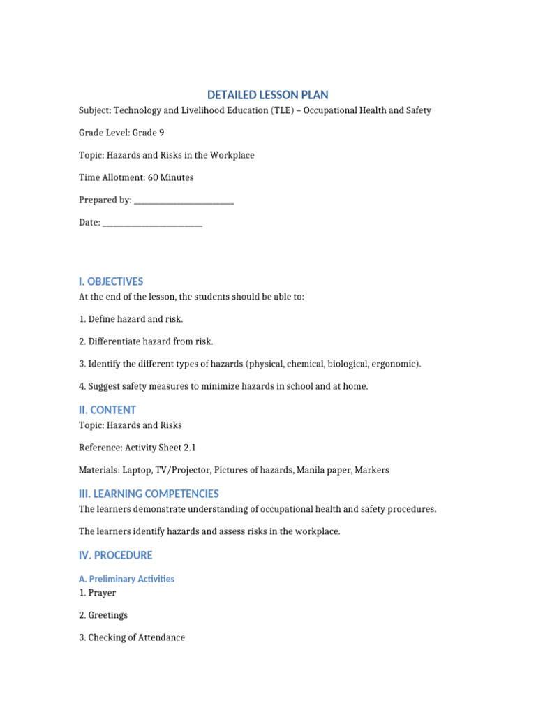 Detailed Lesson Plan Hazards and Risks Grade 9 | PDF | Hazards | Risk