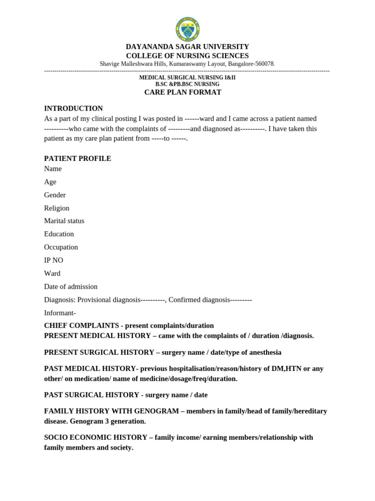 Care Plan Writing Format | PDF | Physical Examination | Surgery