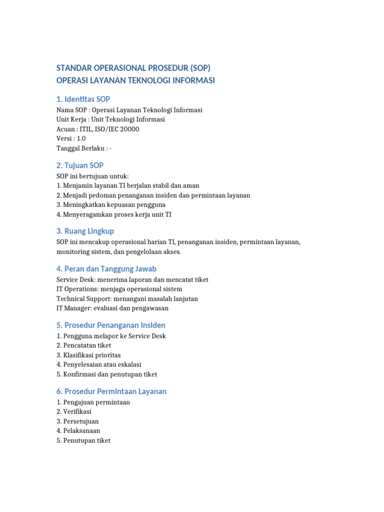 Contoh SOP Operasi Layanan TI | PDF