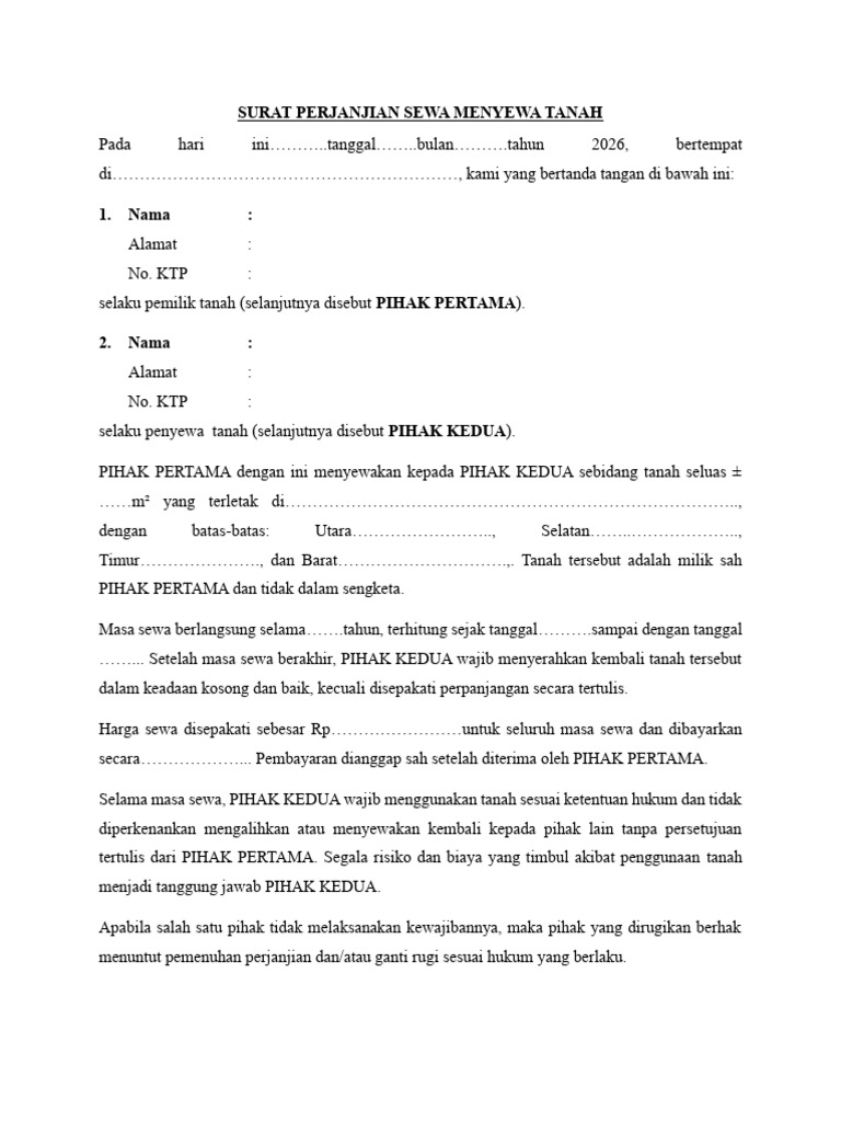 Surat Perjanjian Sewa Menyewa Tanah | PDF