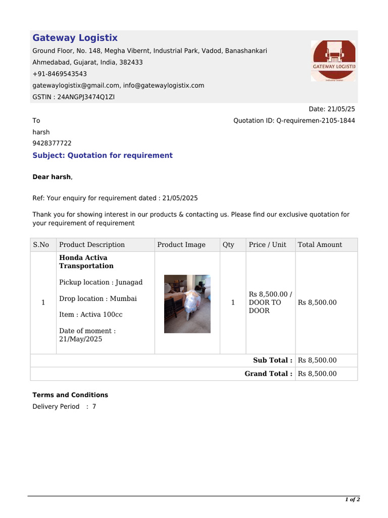 Vehicle Transport Quotation - 1 | PDF