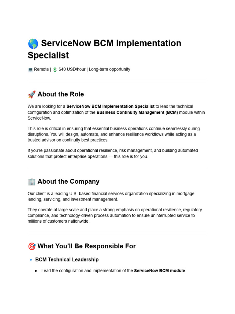 ? ServiceNow BCM Implementation Specialist | PDF