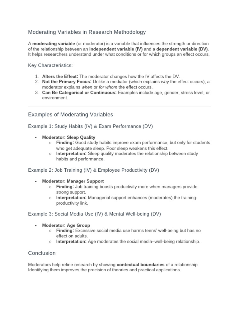 Moderating Variables in Research Methodology | PDF