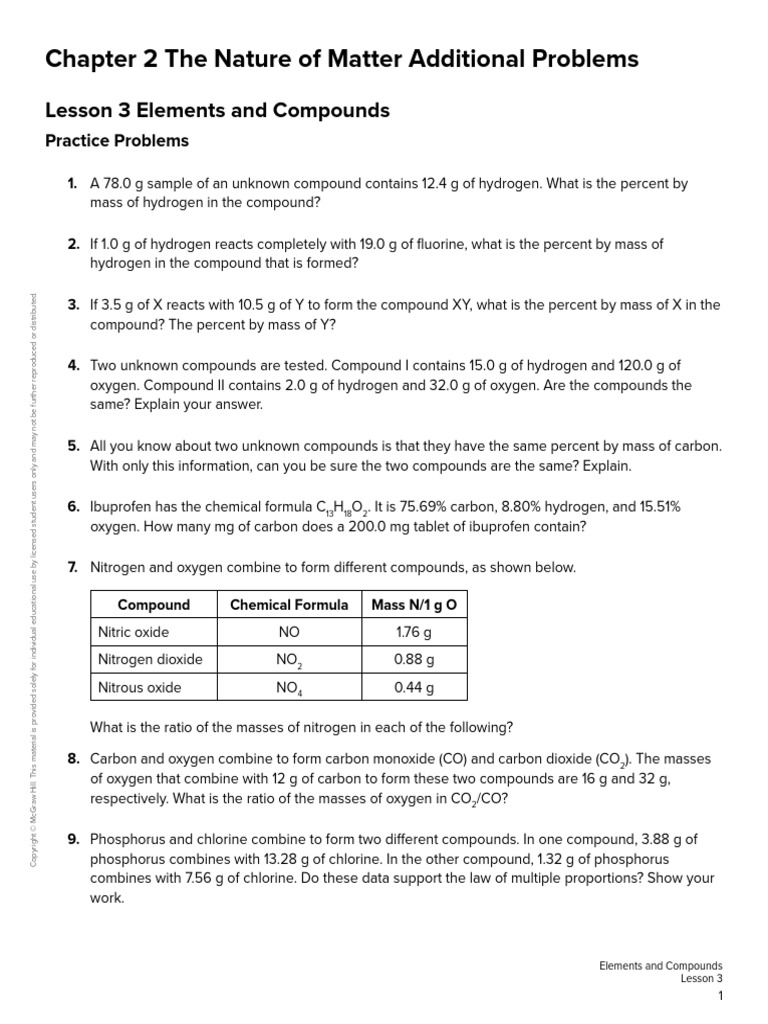 2.3 Additional Problems Elements and Compounds Printable | PDF ...