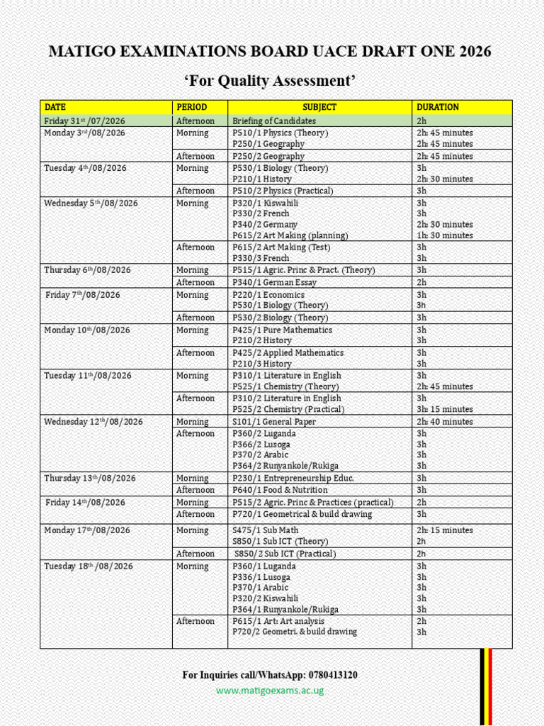 Matigo Examinations Board Uace Time Table 2026 | PDF