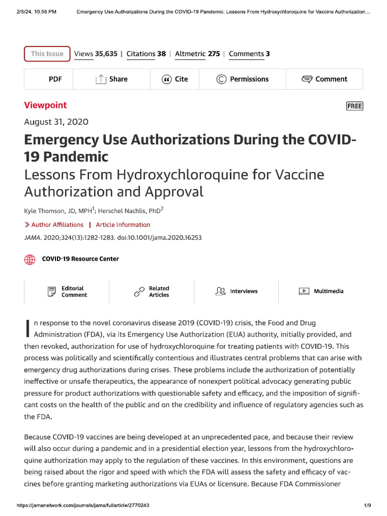 Emergency Use Authorizations During The Covid 19 Pandemic | PDF