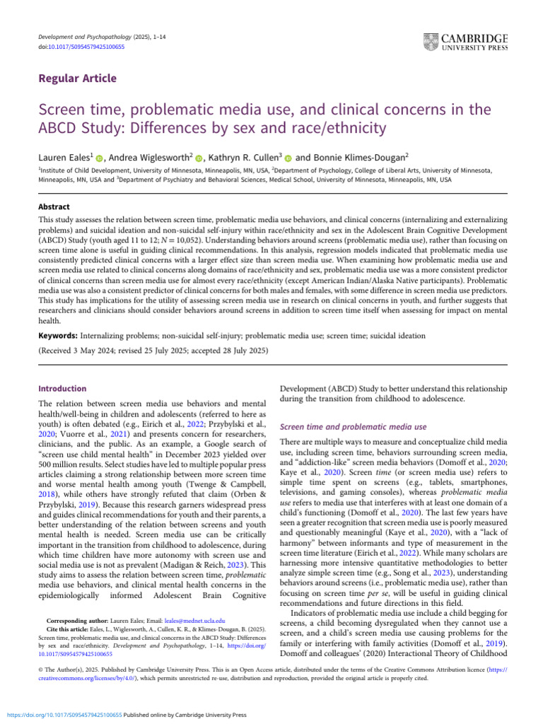 Screen Time Problematic Media Use and Clinical Concerns in The Abcd ...