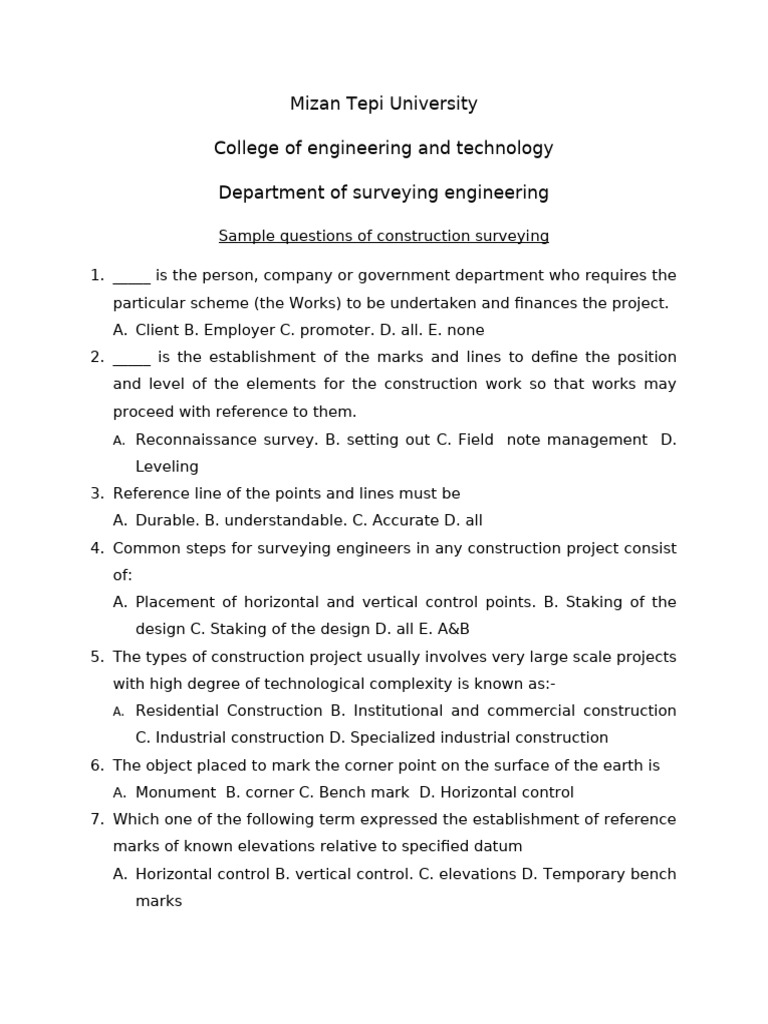 Sample Questions On Construction Surveying1 | PDF | Surveying