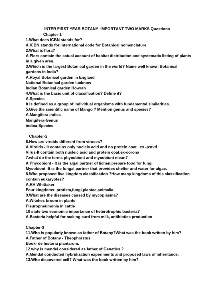Inter First Year Botany Important Two Marks Questions | PDF | Flowers ...