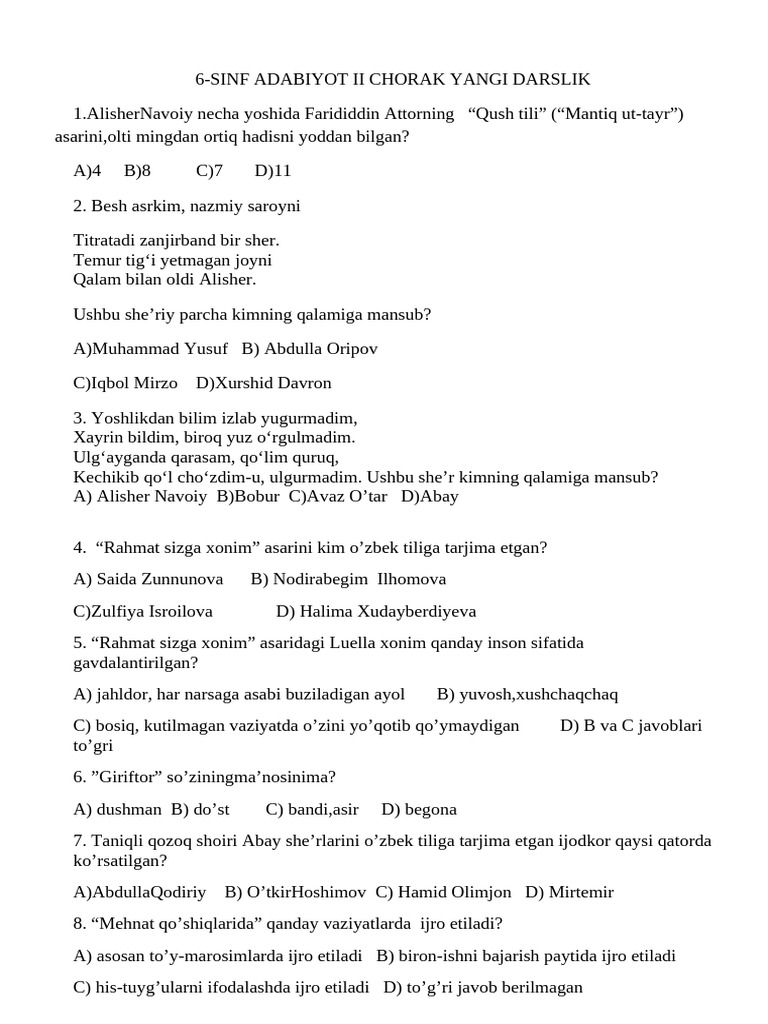 6-Sinf Adabiyot II Chorak | PDF