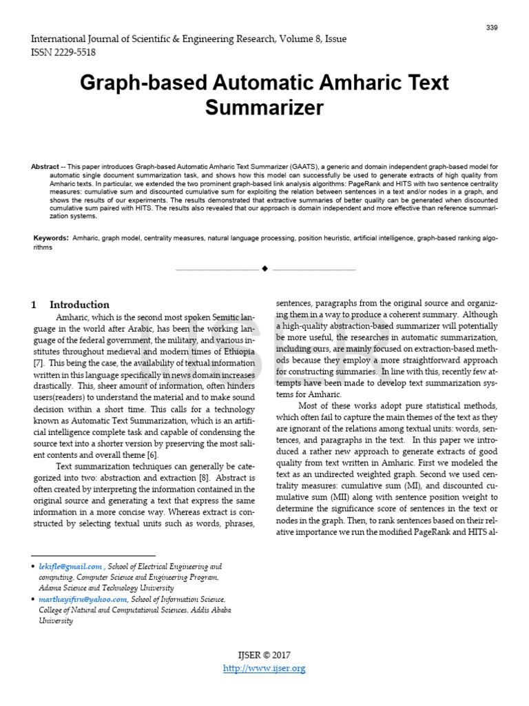 Graph Based Automatic Amharic Text Summarizer | PDF | Theoretical ...