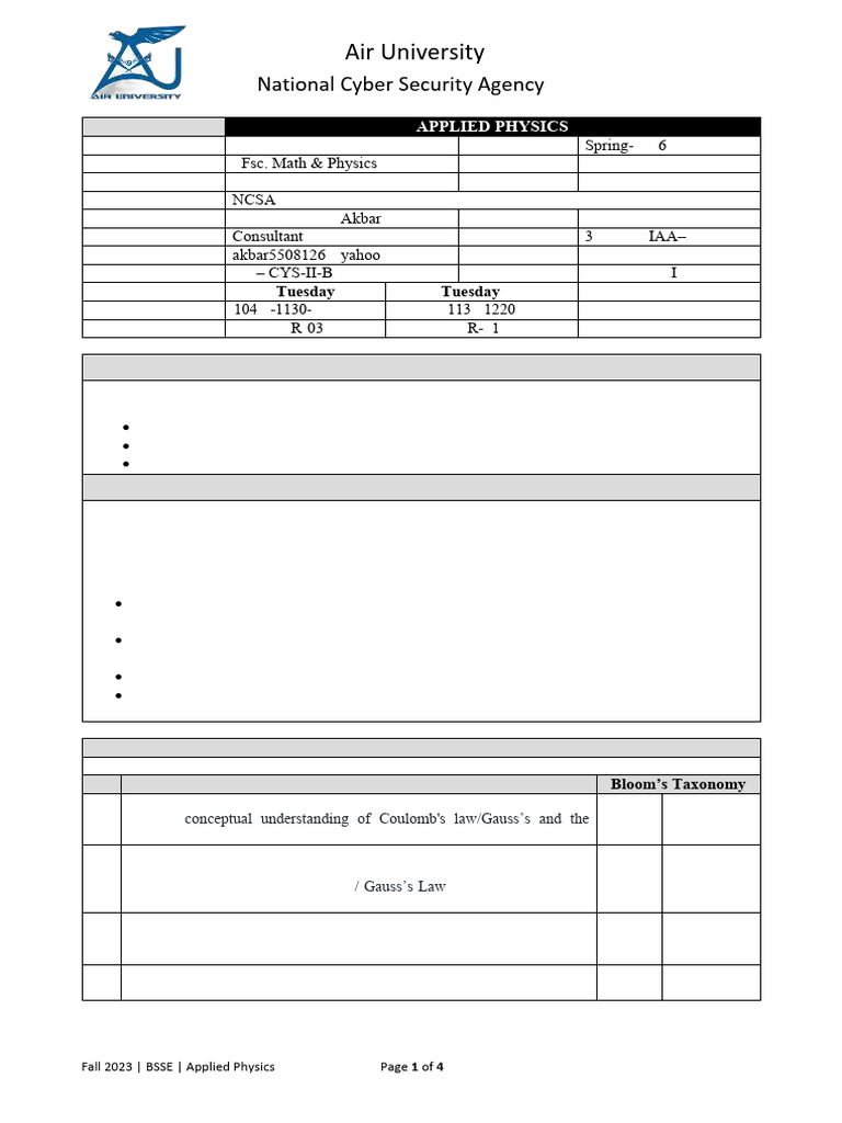 Course Outline Applied Physics (BSCYS) | PDF | Electric Field ...