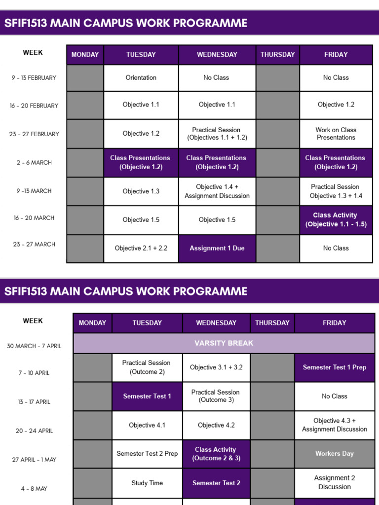 Sfif1513 Main Campus Work Programme | PDF | Academic Term