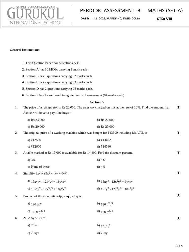 Pa-3 - VIII - Maths - Set-A (150 Copies) | PDF | Area | Length