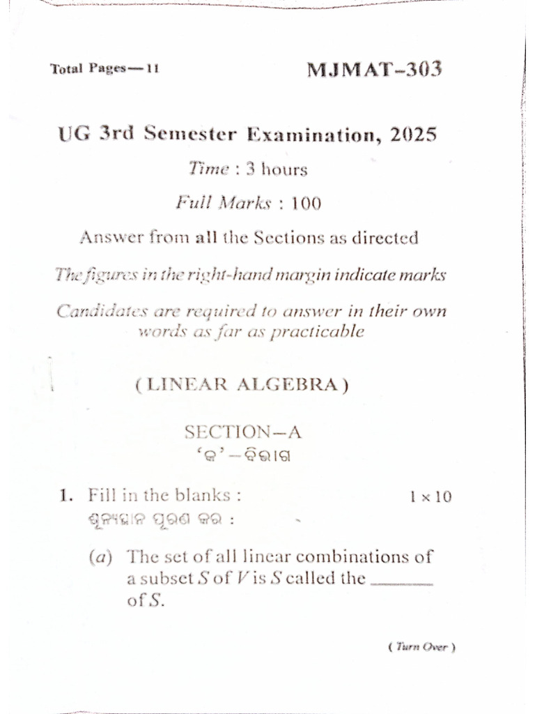 Ug 3rd Semester Linear Algebra 2025 | PDF