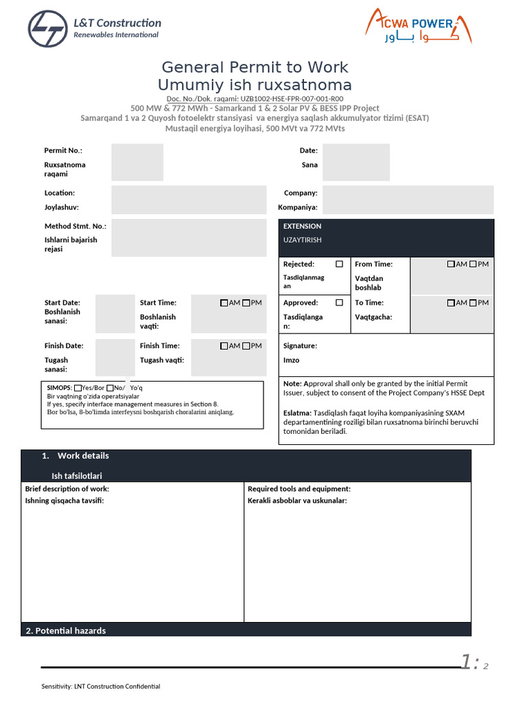 UZB1002 HSE FPR 007 001 R00 General Permit To Work - en Uz | PDF ...