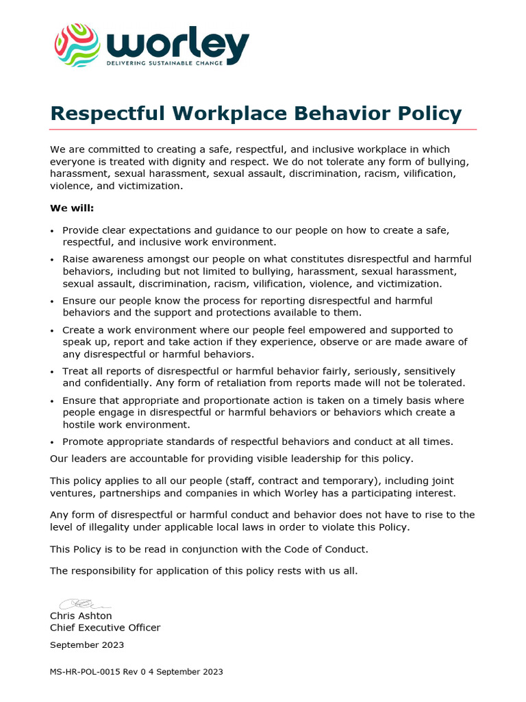 Respectful Workplace Behavior Policy 2023 MS HR POL 0015 | PDF