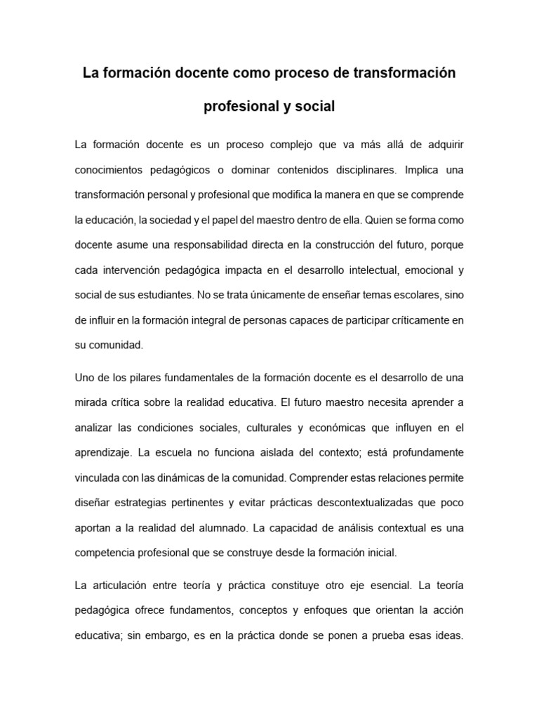 La Formación Docente Como Proceso de Transformación Profesional y ...