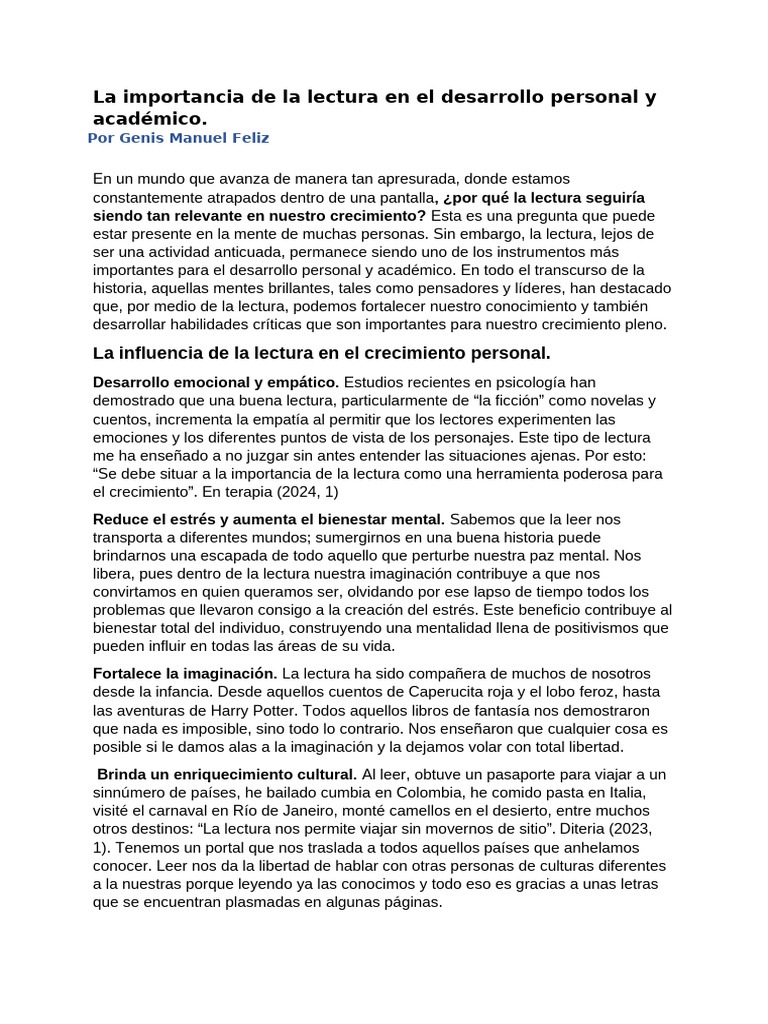 La Importancia de La Lectura en El Desarrollo Personal y Académico ...