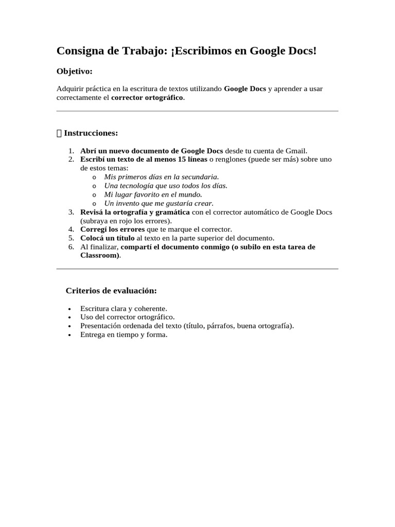 Consigna de Trabajo Escritura en Documento de Google | PDF