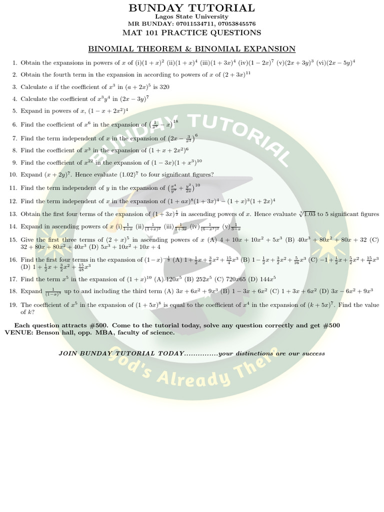 Bunday Tutorial Mat101 Binomial Theorem Practice Qsts | PDF | Chess ...