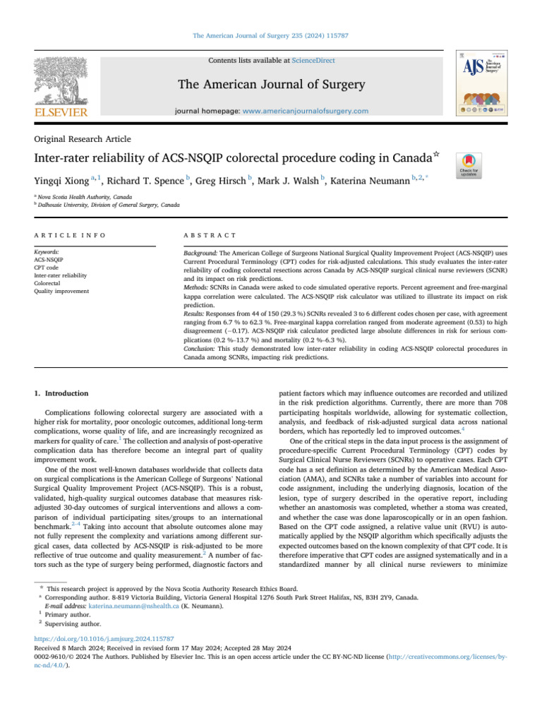Inter Rater Reliability of ACS NSQIP Colorectal PR | PDF | Surgical ...