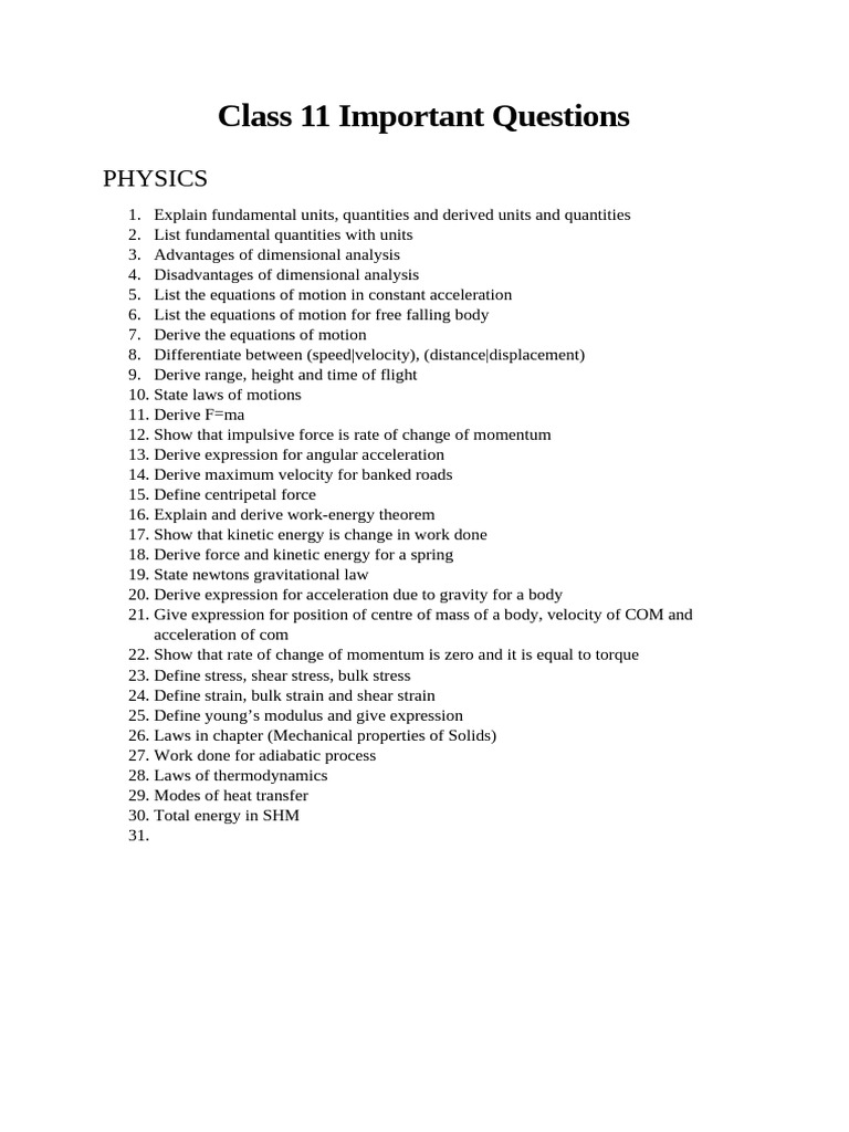 Class 11 Important Questions: Physics | PDF