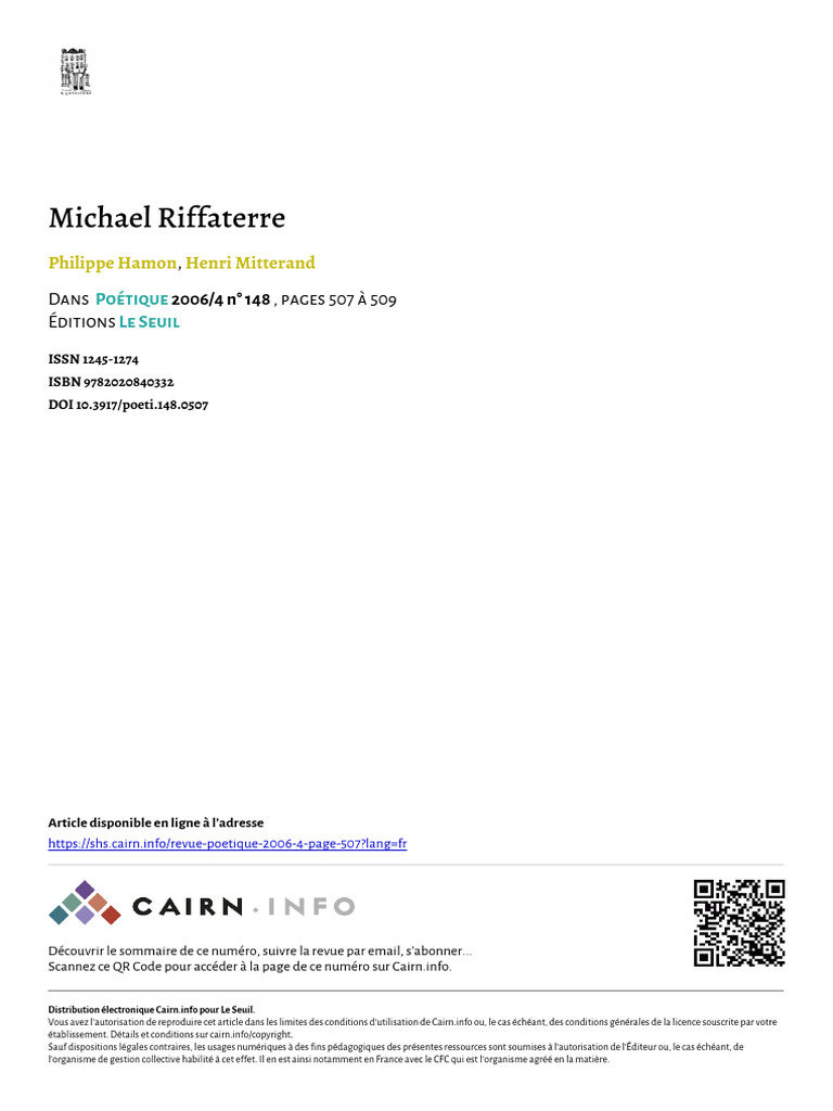 Hamon 2006 Michael Riffaterre | PDF