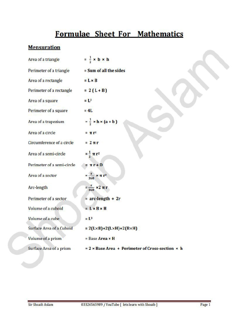 Final Math Formula Sheet | PDF