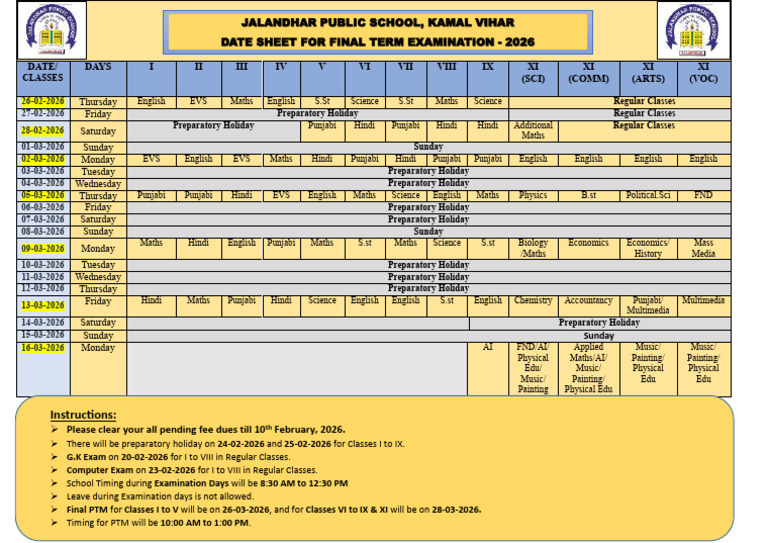 Datesheet For Final Term Examination - 2026 | PDF
