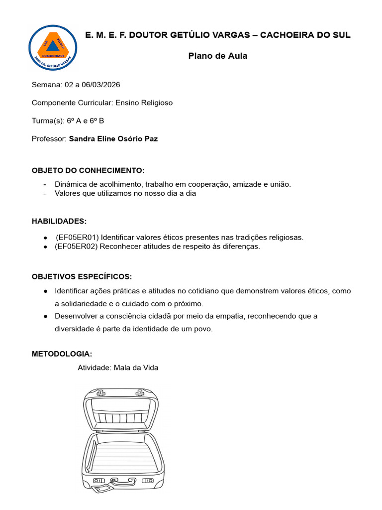 Plano de Aula Ensino Religioso 6º Ano | PDF