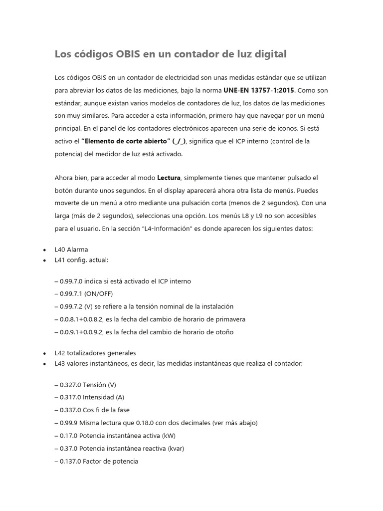 Codigos Obis Contador | PDF | Vatio | Poder (Física)