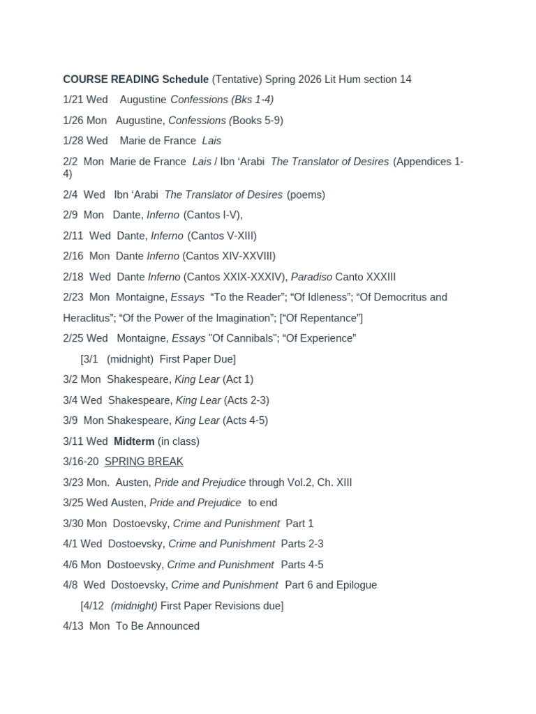 Lit Hum Spring 2026 Sect. 14 Tentative Schedule | PDF | Divine Comedy ...