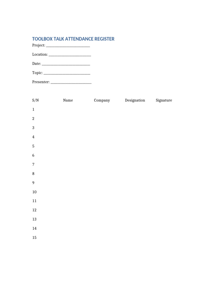 Toolbox Talk Attendance Register Geopysical | PDF