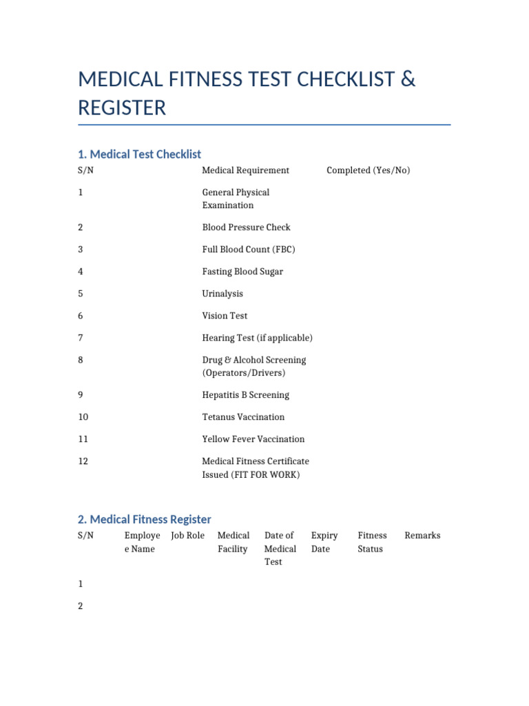 Medical Test Checklist and Register | PDF