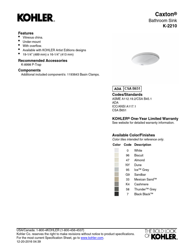 Kohler Caxton Oval 2210 - Spec | PDF
