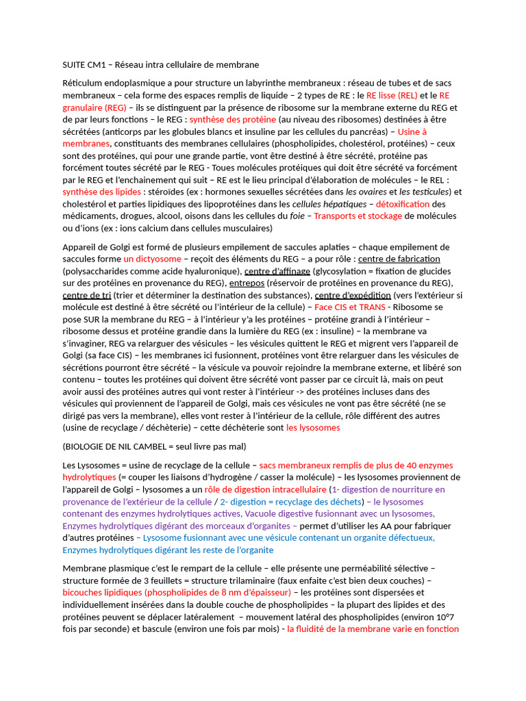 Prise de Note CM2 | PDF | Membrane cellulaire | Lysosome