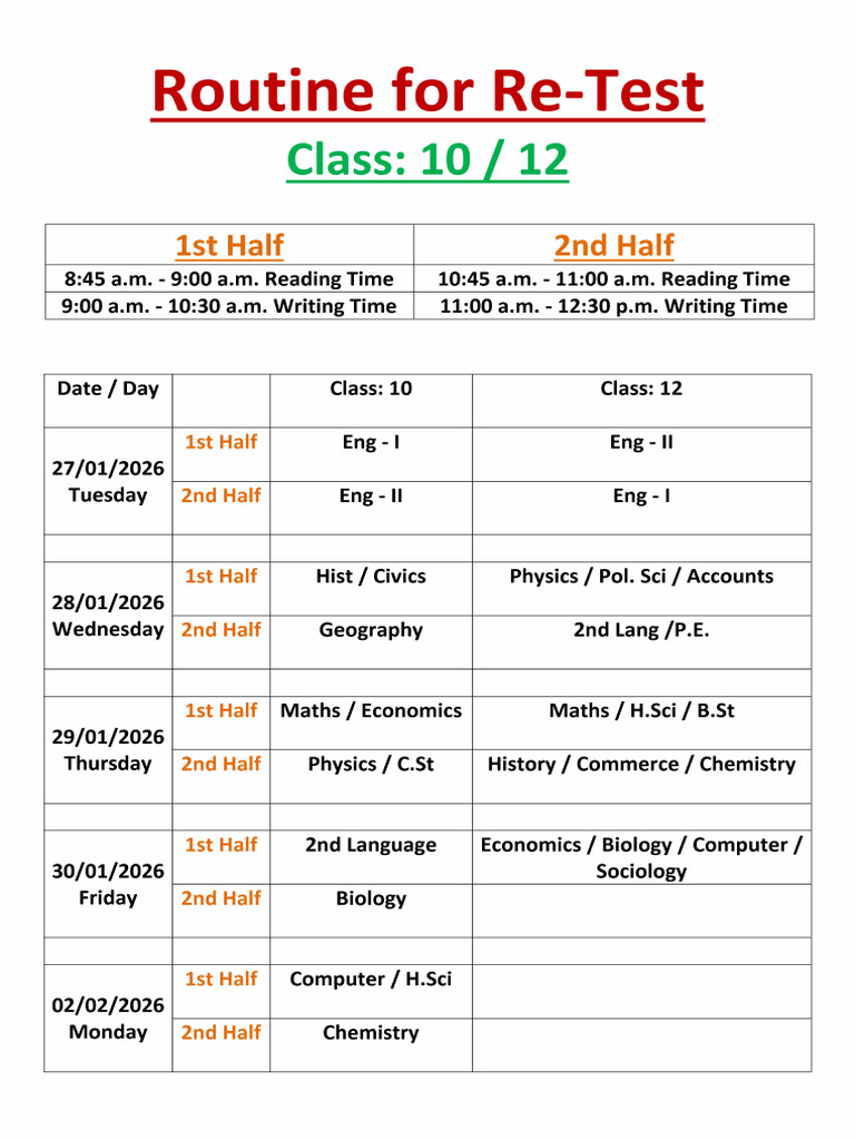 RoutineforRe Test Class10and12 January21 2026 | PDF