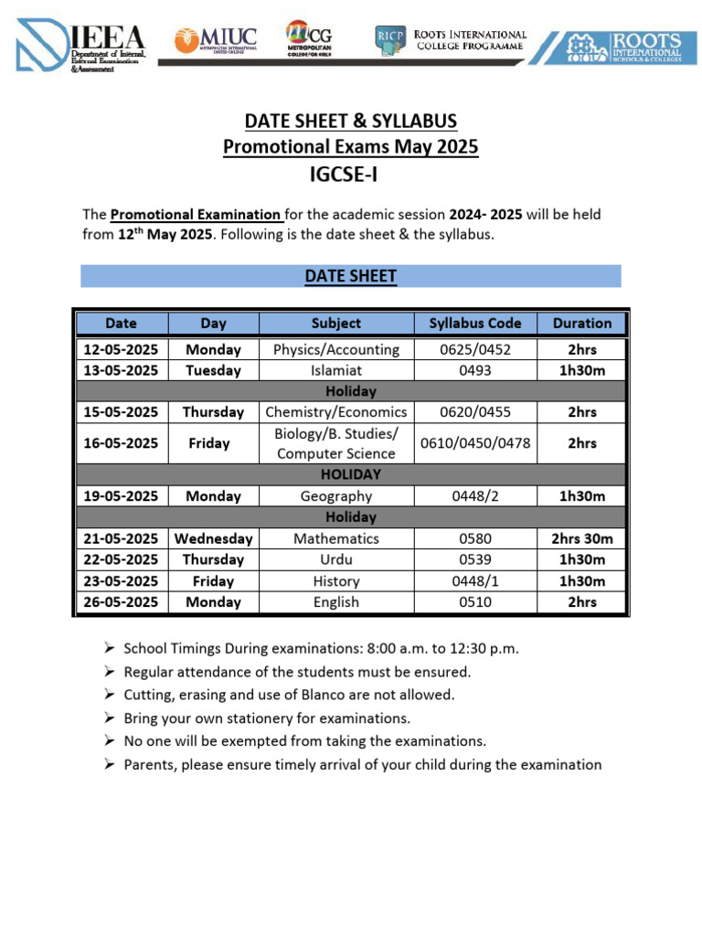 Syllabus and Datesheet IG - I Promotional Examination 2025 | PDF ...